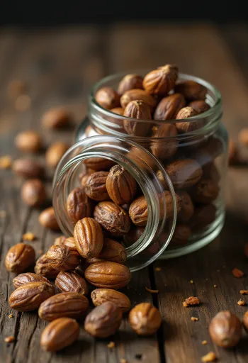 나무 테이블 위에 놓인 구운 바루 너트 알갱이