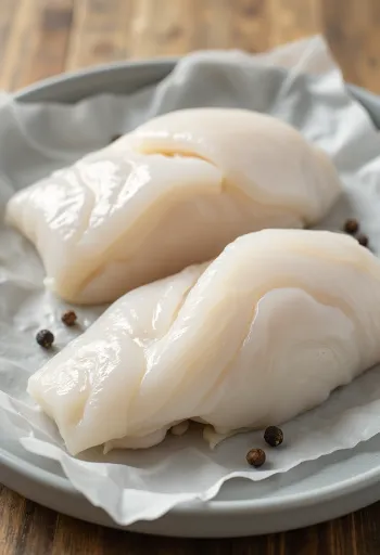 도마 위에 올려진 신선한 태평양 대구 필렛