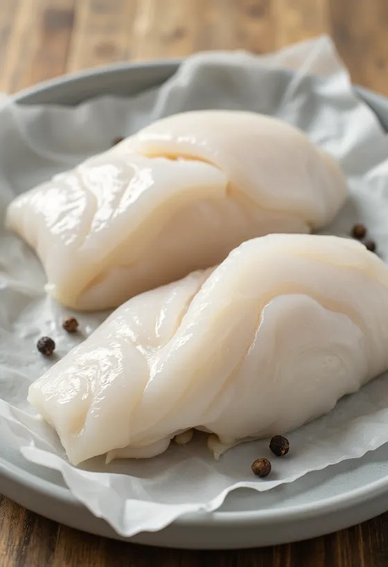 도마 위에 올려진 신선한 태평양 대구 필렛