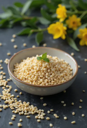 나무 테이블 위에 흩뿌려진 화이트 머스타드 씨드