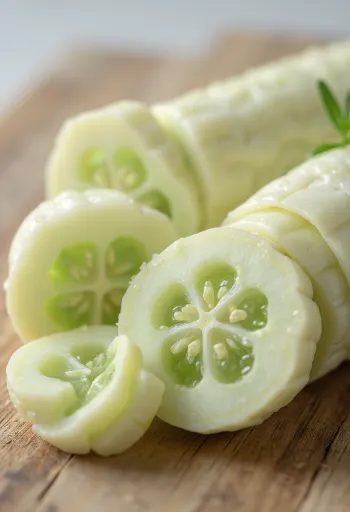 신선한 채소들로 둘러싸인 도마 위의 화이트 오이 슬라이스