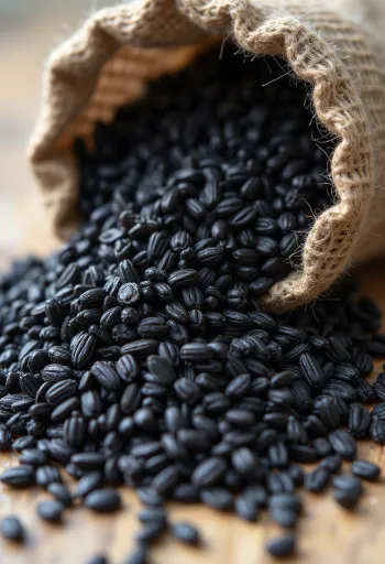 작은 유리병에 담긴 검붉은 색의 흑미와 주변에 흩어진 쌀알들