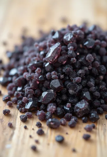 작은 유리병에 담긴 짙은 검은색의 블랙 솔트와 소금 결정, 나무 스푼