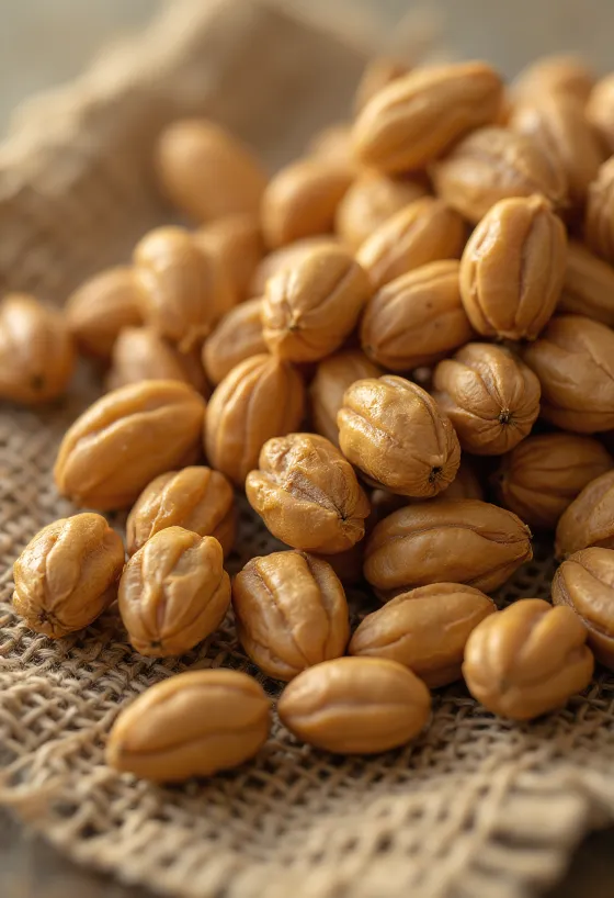 도마 위에 놓인 타이거 너트(츄파) 뿌리와 주변의 신선한 채소들