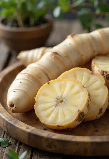 나무 테이블 위에 놓인 신선한 갈랑갈 뿌리