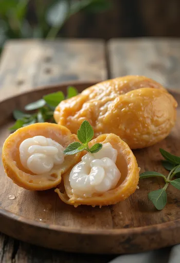 도마 위에 놓인 껍질 벗긴 랑삿 과일의 하얀 속살