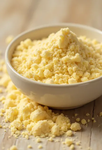 황금빛 노란색의 루쿠마 파우더가 담긴 유리병과 신선한 루쿠마 열매