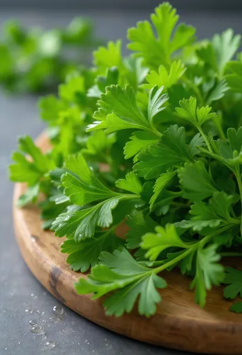 도마 위에 놓인 싱싱한 이탈리안 파슬리 잎