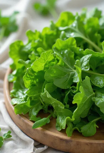 물방울이 맺힌 신선하고 푸릇한 겨자잎이 나무 조리대 위에 놓여 있다.