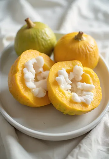 반으로 갈라진 산톨 과일의 하얀 과육