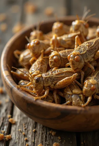 깔끔하게 손질되어 접시에 담긴 식용 메뚜기 요리