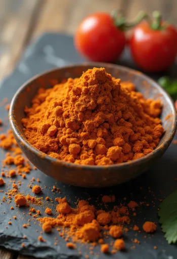 작은 유리병에 담긴 타마릴로 과육과 주변의 붉고 노란 타마릴로 과일