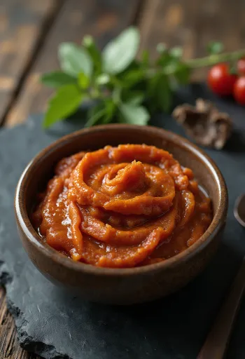 유리병에 담긴 붉은 레드 커리 페이스트와 주변의 건고추, 마늘, 샬롯