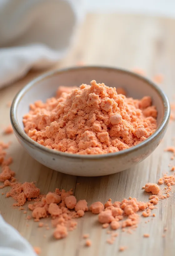 붉은색 아세롤라 가루가 담긴 유리병과 신선한 아세롤라 체리 열매