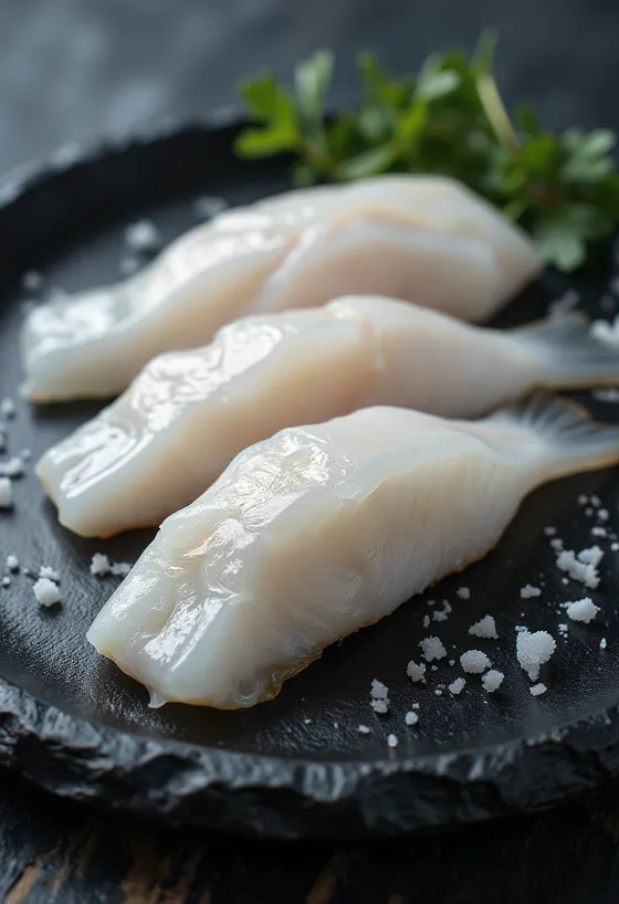 도마 위에 놓인 신선한 알래스카 명태 필렛