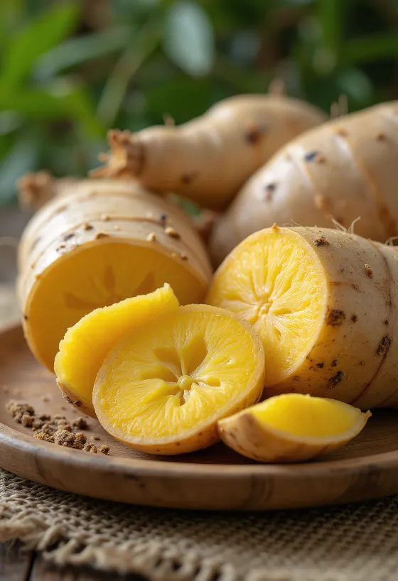 도마 위에 썰어 놓은 신선한 아라카차 뿌리 단면