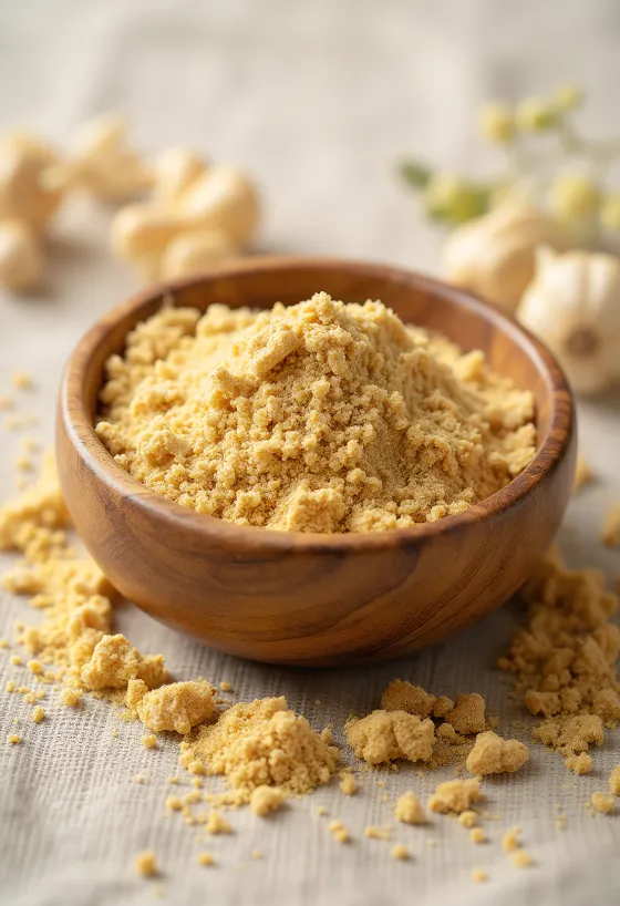 유리병에 담긴 갈색 아슈와간다 가루와 건조된 뿌리 조각들