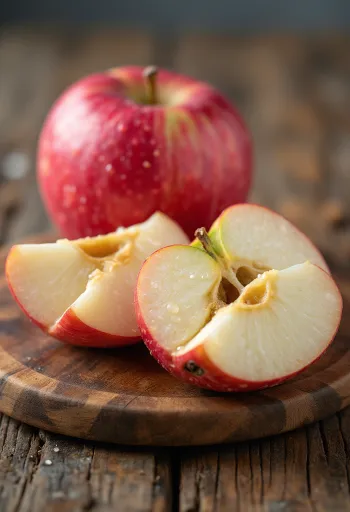 붉은색 껍질이 선명한 이다레드 사과와 단단한 과육 단면