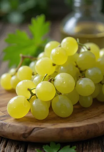 햇빛을 받아 반짝이는 연두빛 잘라굥계 포도송이 클로즈업