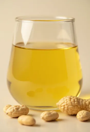 땅콩기름이 병과 작은 그릇에 담겨 있는 깔끔한 모습