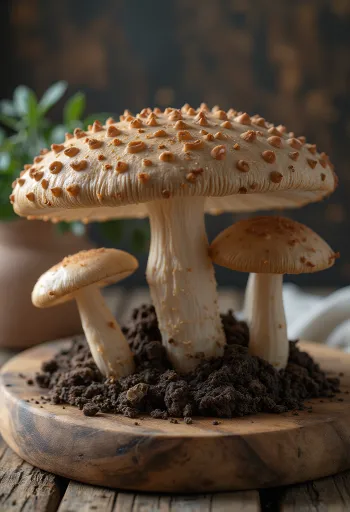 요리 준비를 위해 도마 위에 슬라이스된 큰갓버섯