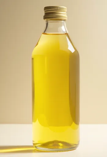 해바라기씨유가 담긴 유리병과 작은 그릇, 깔끔한 배경