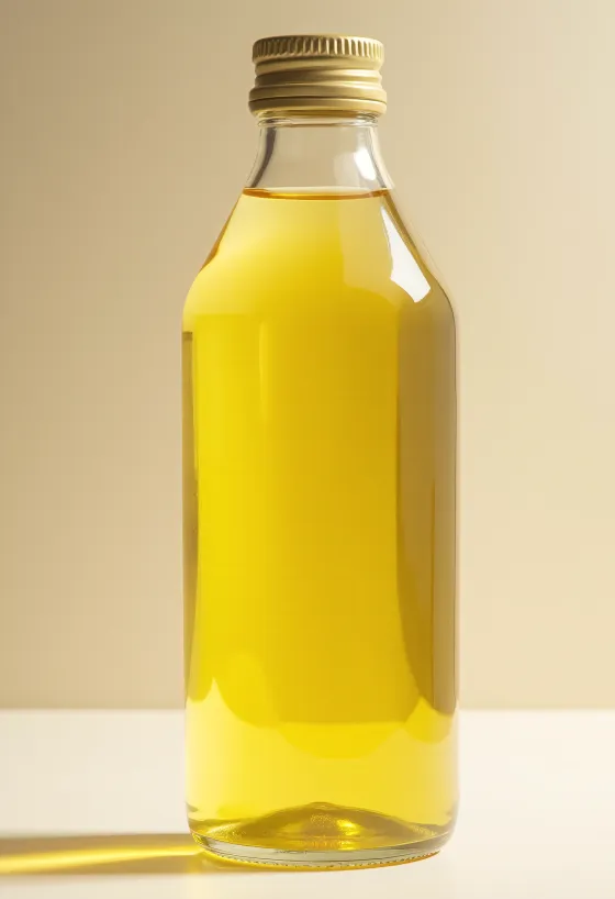 해바라기씨유가 담긴 유리병과 작은 그릇, 깔끔한 배경