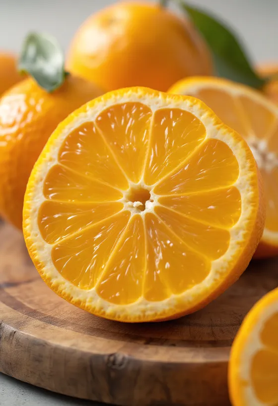 신선한 오렌지와 갓 짜낸 오렌지 주스가 놓인 나무 테이블