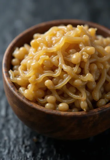 도자기 그릇에 담긴 끈적한 실이 늘어나는 낫토와 나무 젓가락