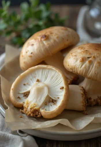 나무 도마 위에 슬라이스된 신선한 여름 그물버섯과 허브, 오일