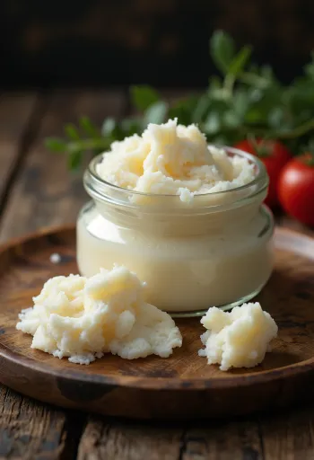 유리 볼에 담긴 하얀 생 거위 지방과 손질된 지방 조각들