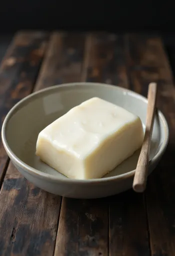 작은 그릇에 담긴 하얀 돈지와 주변에 놓인 손질된 돼지 지방 조각들