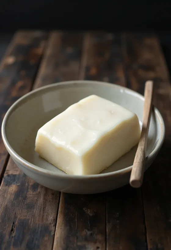 작은 그릇에 담긴 하얀 돈지와 주변에 놓인 손질된 돼지 지방 조각들