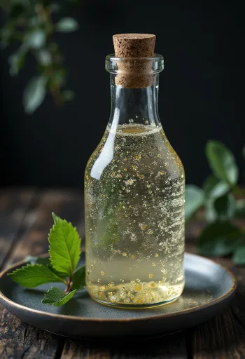 투명한 유리병과 잔에 담긴 맑은 자작나무 수액과 자작나무 껍질