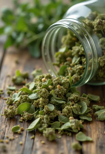 나무 식탁 위의 말린 오레가노 잎과 오레가노 가루