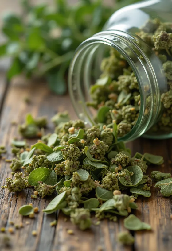 나무 식탁 위의 말린 오레가노 잎과 오레가노 가루