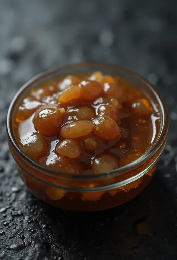 작은 그릇에 담긴 윤기 흐르는 굴소스와 삶은 굴, 간장