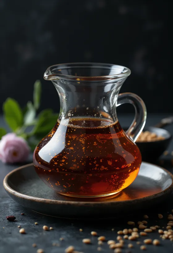 어두운 병에 담긴 볶은 참기름과 작은 그릇에 담긴 기름, 그리고 볶은 참깨