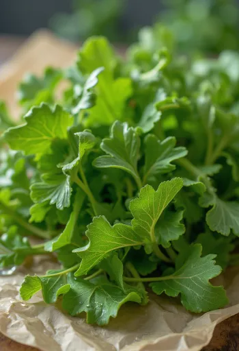 신선한 민들레 잎이 흰 접시 위에 손질되어 놓인 모습