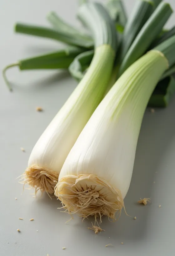 나무 테이블 위에 놓인 신선한 통 리크와 썬 리크