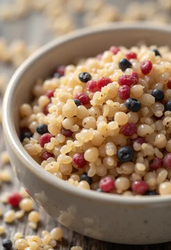 나무 식탁 위의 그릇에 담긴 삼색 퀴노아(화이트, 레드, 블랙)