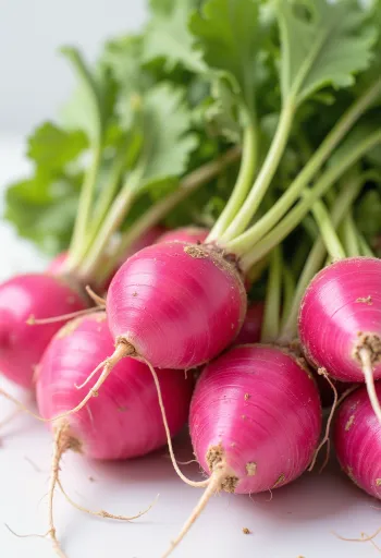 도마 위에 놓인 잎이 달린 신선한 빨간 래디시와 슬라이스