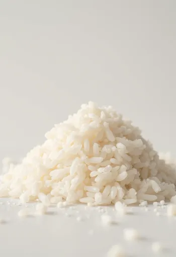 그릇에 담긴 하얀 쌀가루(쌀 그리츠)와 나무 테이블