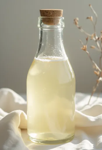 유리병에 담긴 맑은 쌀식초와 쌀알, 그리고 누룩