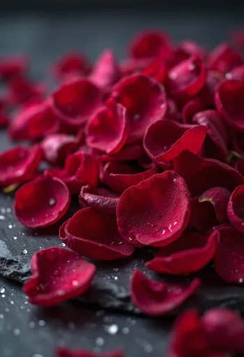 나무 테이블 위 그릇에 담긴 식용 장미 꽃잎과 장미차