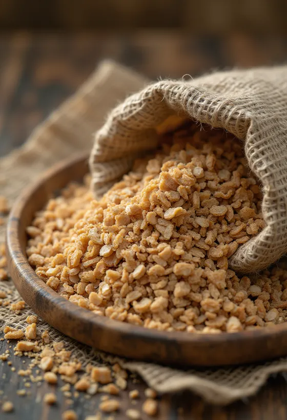 그릇에 담긴 호밀겨와 소박한 주방 바닥에 흩어진 모습
