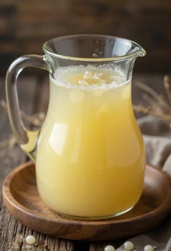 유리 볼에 담긴 노르스름한 사워 유청과 스푼