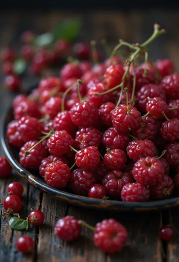 붉은빛의 생 오미자 열매, 일부는 잘려있는 모습, 생것 상태