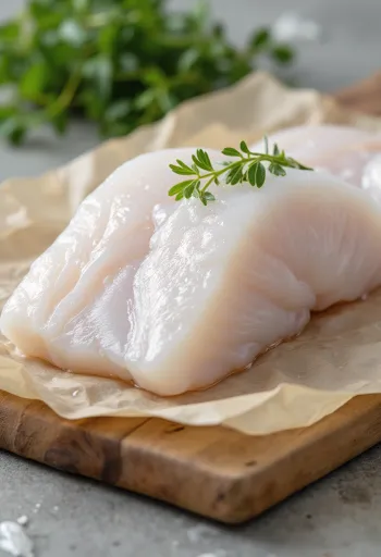 나무 도마 위에 허브와 함께 플레이팅 된 쉐리 피시 필렛