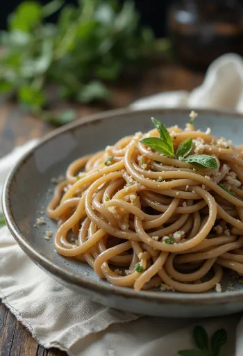 도기 그릇에 담긴 건조 소바 면 묶음과 나무 테이블 배경